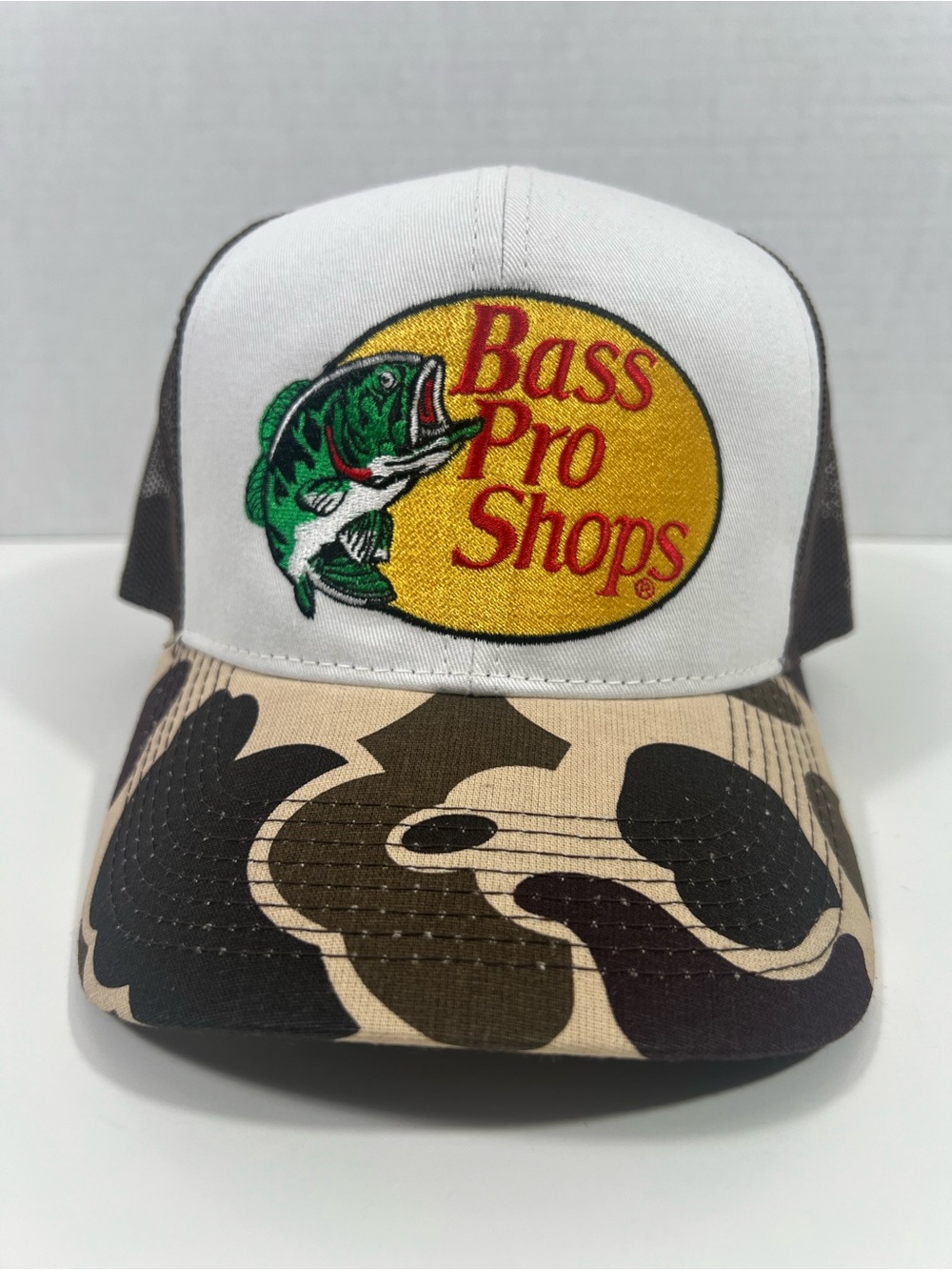 Bass Pro Shops Embroidered Camo/White Mesh Trucker Hat!